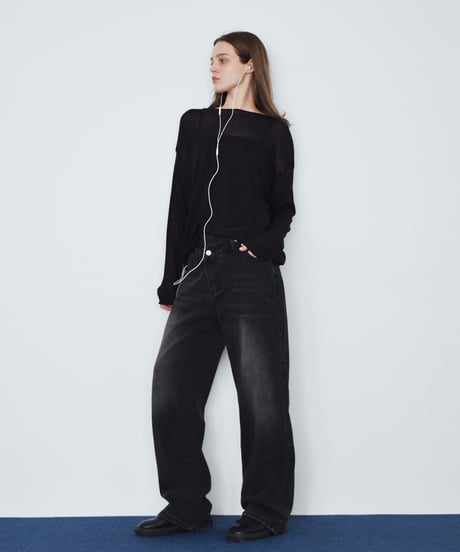 bottoms-02336 Cross Waist Design Denim Blue Charcoal