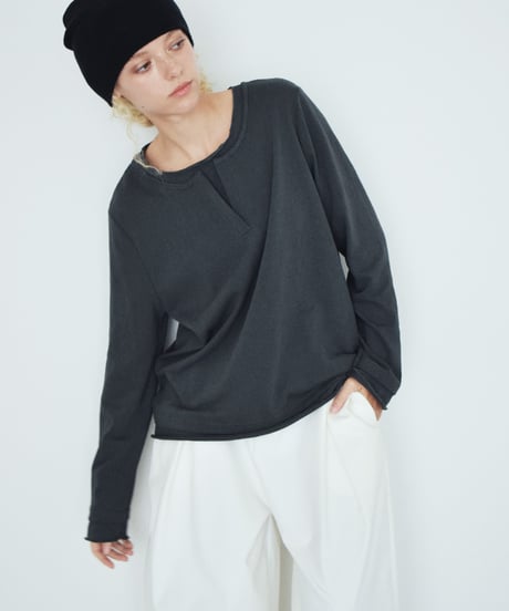 tops-02636 Cutoff Light Sweat Pullover Gray Black