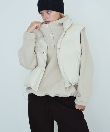 tops-02578　Snap Button Fleece-Lined Hooded Pullover　Greige　 Black