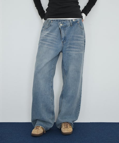 bottoms-02336 Cross Waist Design Denim Blue Charcoal