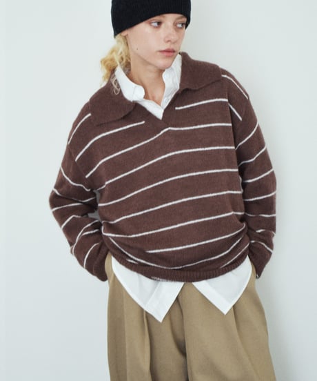 knit-02389 Polo Collar Striped Knit Beige Brown