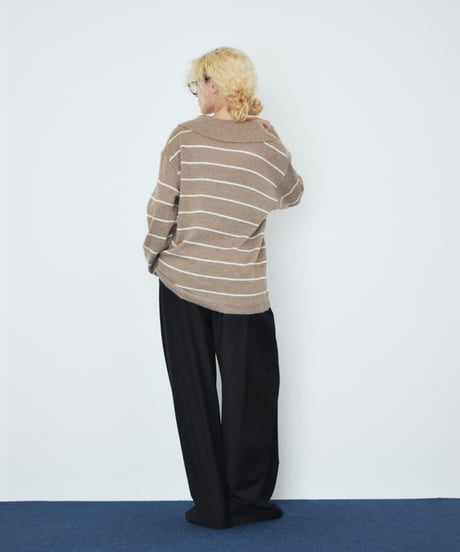 knit-02389 Polo Collar Striped Knit Beige Brown