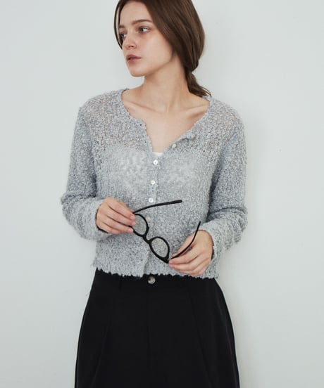 knit-02391  Bouclé Compact Cardigan  Gray Off-White