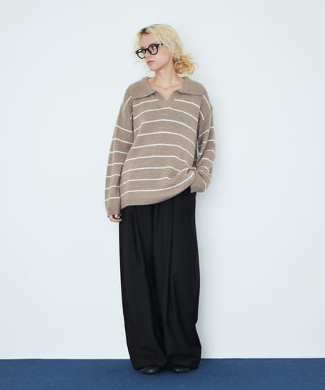 knit-02389 Polo Collar Striped Knit Beige Brown