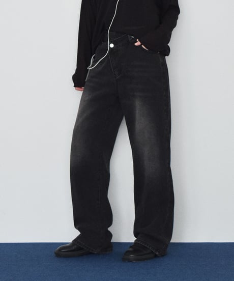 bottoms-02336 Cross Waist Design Denim Blue Charcoal