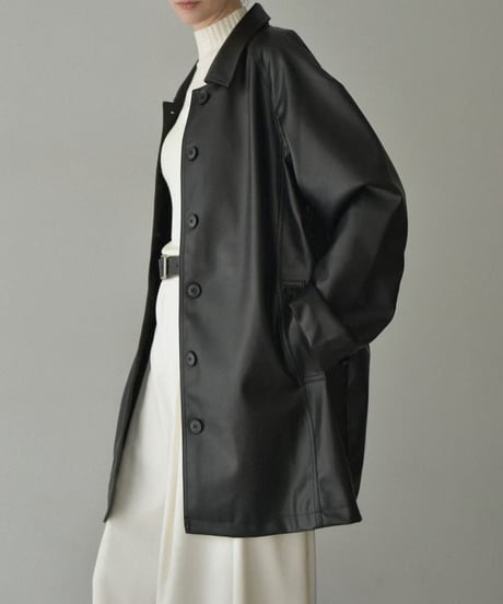 jacket-02025　Faux Leather Mid-Length Outer  Black