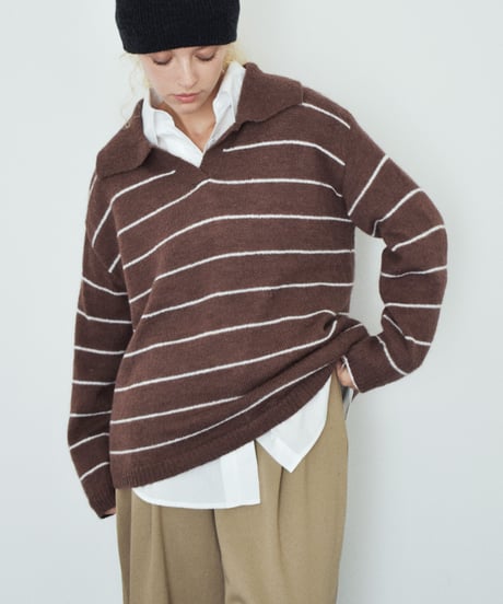 knit-02389 Polo Collar Striped Knit Beige Brown