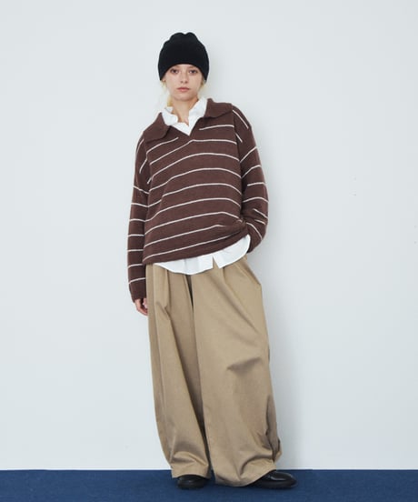 knit-02389 Polo Collar Striped Knit Beige Brown