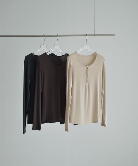 nh-tops-02629 Henley Neck Long T-Shirt Beige Brown Dark Gray