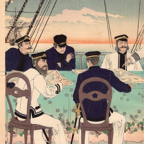 水野年方　「海軍将校等征清の戦略討論する図」明治27年（1894）【浮世絵】