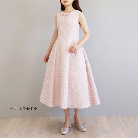 【Elegance】リボンブローチ付き フラワーふくれジャガードエレガントワンピース【JM2462BG】