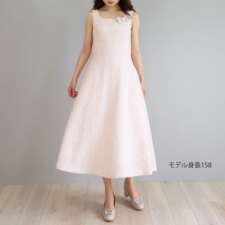 【Elegance】リボンブローチ付き 花柄ふくれジャガードスクエアネックワンピース【JM2466BG】