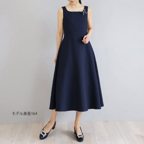 【Elegance】リボンブローチ付き 花柄ふくれジャガードスクエアネックワンピース【JM2466BG】