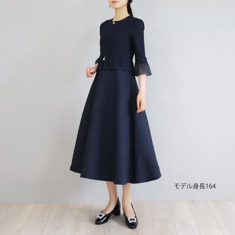 【Elegance】リボンブローチ付き 花柄ふくれジャガードスクエアネックワンピース【JM2466BG】