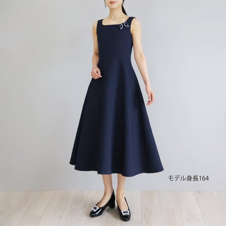 【Elegance】リボンブローチ付き 花柄ふくれジャガードスクエアネックワンピース【JM2466BG】