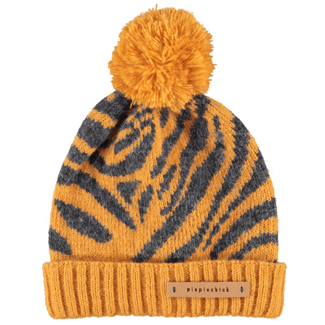 【piupiuchick】  KNITTED HAT WITH POMPON ORANGE WITH ZEBRA PRINT