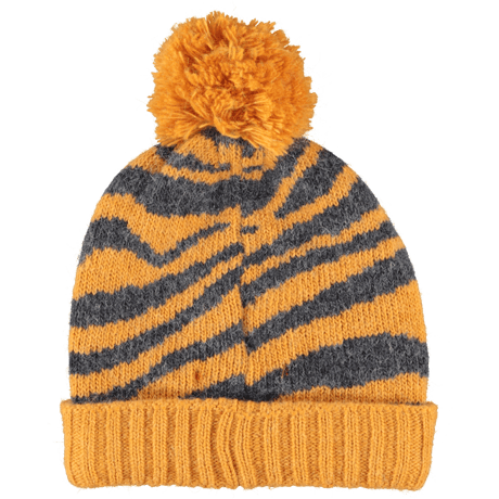 【piupiuchick】  KNITTED HAT WITH POMPON ORANGE WITH ZEBRA PRINT