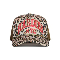 HARDIES NYC RHINESTONE PRE CURVE TRUCKER HAT LEOPARD RED