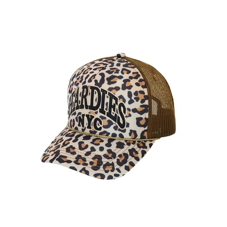 HARDIES NYC RHINESTONE PRE CURVE TRUCKER HAT LEOPARD BLACK