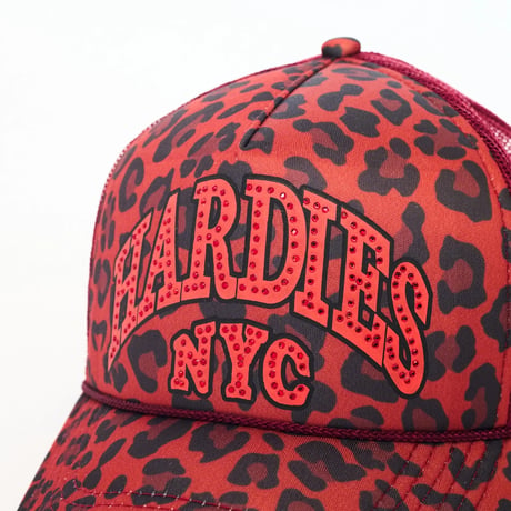 HARDIES NYC RHINESTONE PRE CURVE TRUCKER HAT RED LEOPARD
