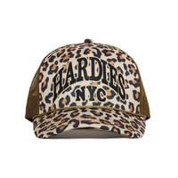 HARDIES NYC RHINESTONE PRE CURVE TRUCKER HAT LEOPARD BLACK