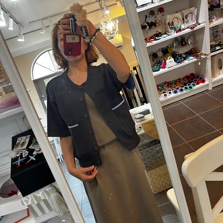 配色ライン ポケット付き半袖ニットカーディガン
