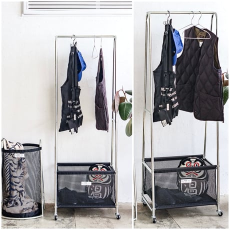 GARMENT RACK / スタイリッシュで無機質なデザインでハンガーラックとバッグや小物などを収納できるメッシュラックが一つになった使い勝手のよいラック
