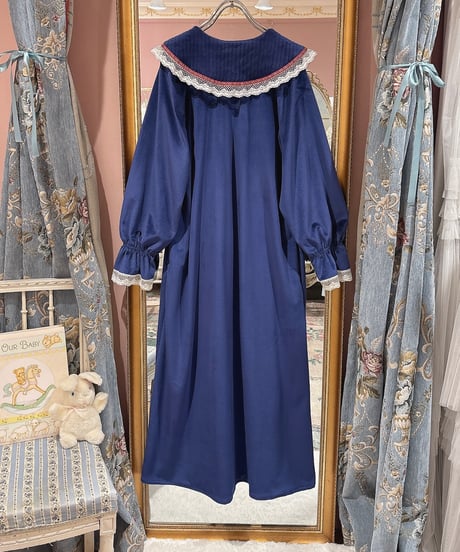 80s vintage big collar velours dress