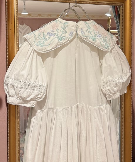 80s vintage flower embroidered big sailor collar dress