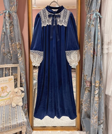 80s vintage lace&satin ribbon velours dress