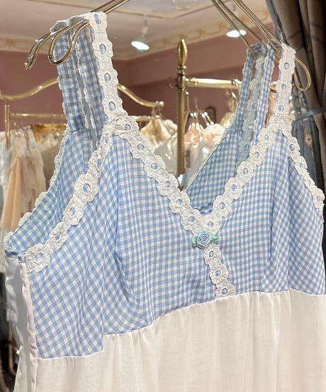 70s vintage gingham check×lace camisole dress