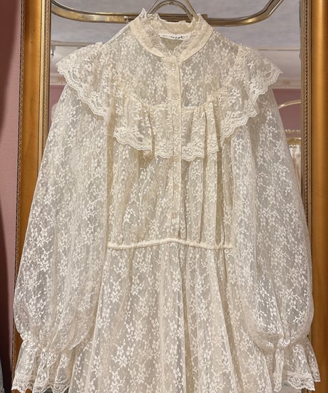 70s vintage flower lace puff sleeve dress