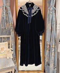 80s vintage lace&frill velours dress