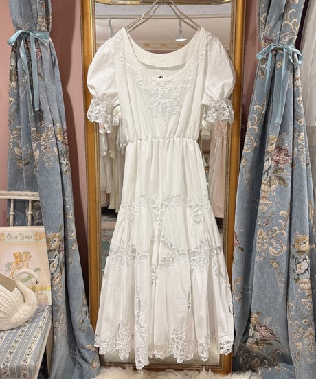 80s vintage puff sleeve batten lace white dress