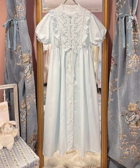 80s vintage blue flower embroidered dress
