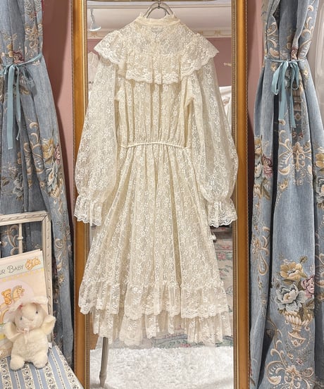 70s vintage flower lace puff sleeve dress