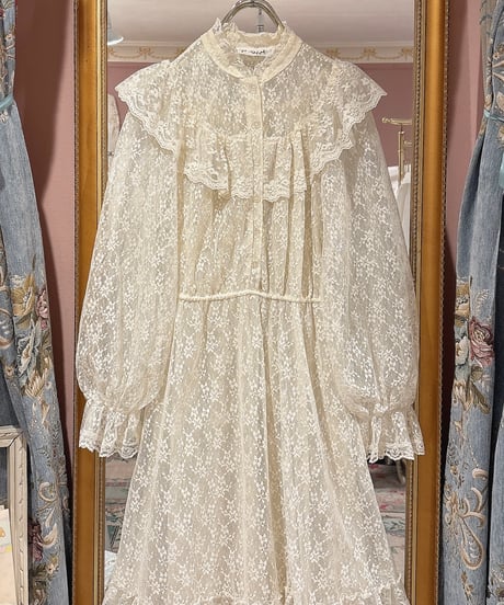 70s vintage flower lace puff sleeve dress