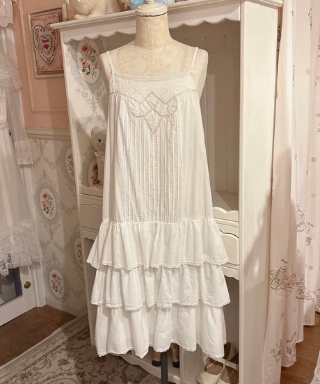 70s vintage low-waist gather frill tiered camisole dress