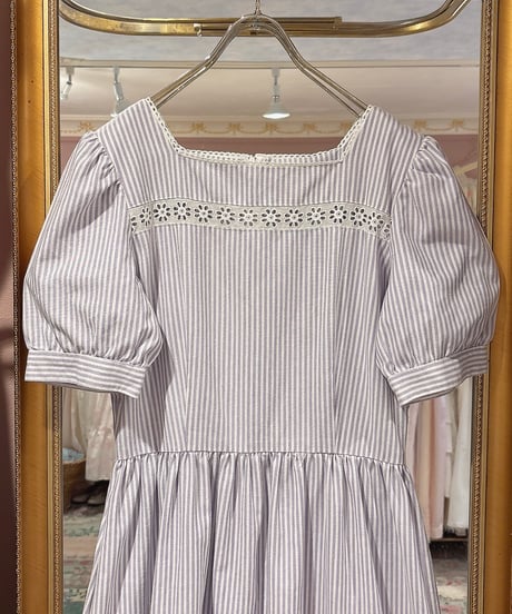 80s vintage lace square neck stripe dress