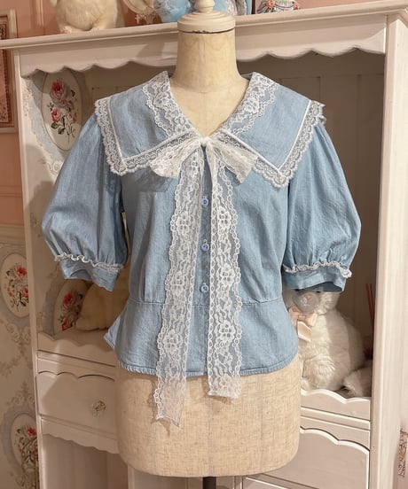 80s vintage sailor collar denim blouse