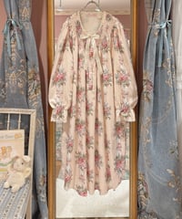 80s vintage ribbon&flower pattern satin dress
