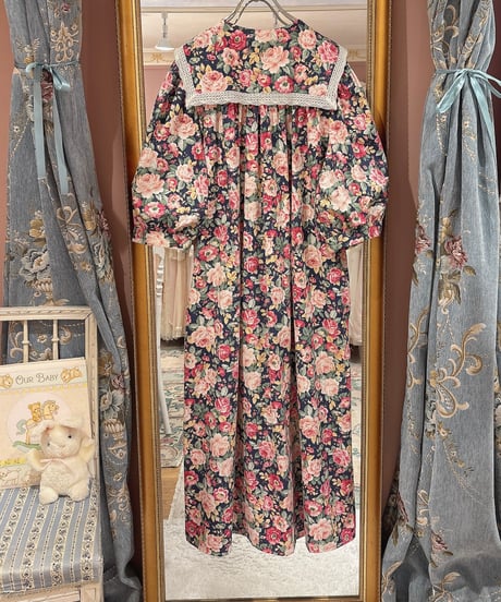 80s vintage sailor collar flower pattern dress