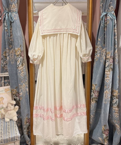 70s vintage pink satin ribbon sailor collar dress