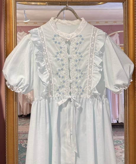 80s vintage blue flower embroidered dress
