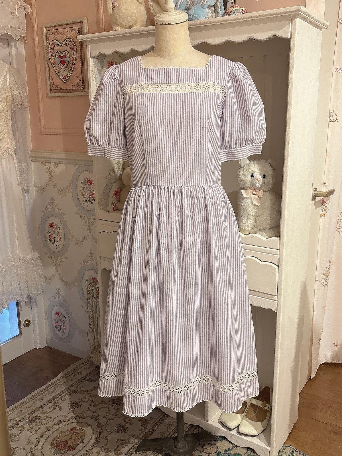 80s vintage lace square neck stripe dress | HARDYS