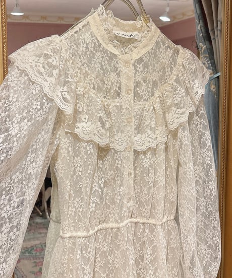 70s vintage flower lace puff sleeve dress