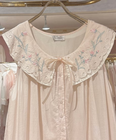 80s vintage flower embroidered collar no sleeve dress