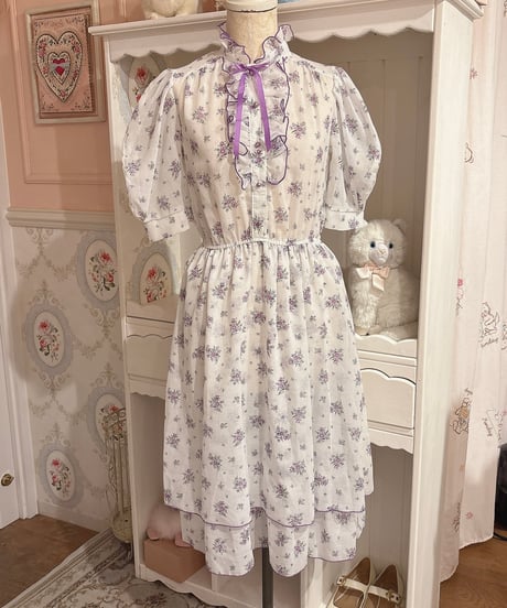 70s vintage purple flower frill dress