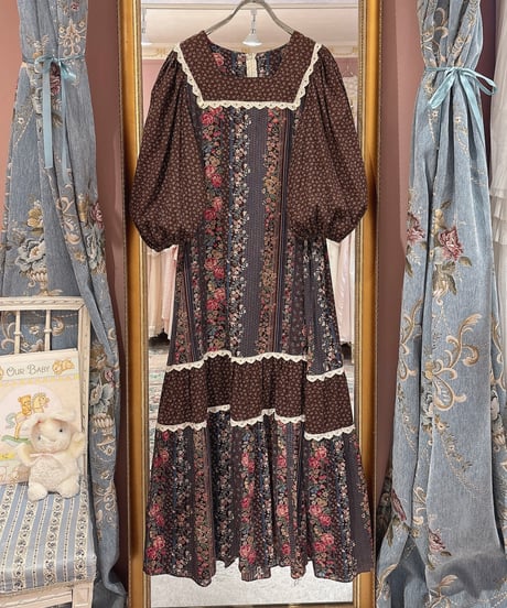 70s vintage square neck petit flower lace dress