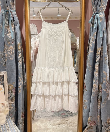 70s vintage low-waist gather frill tiered camisole dress